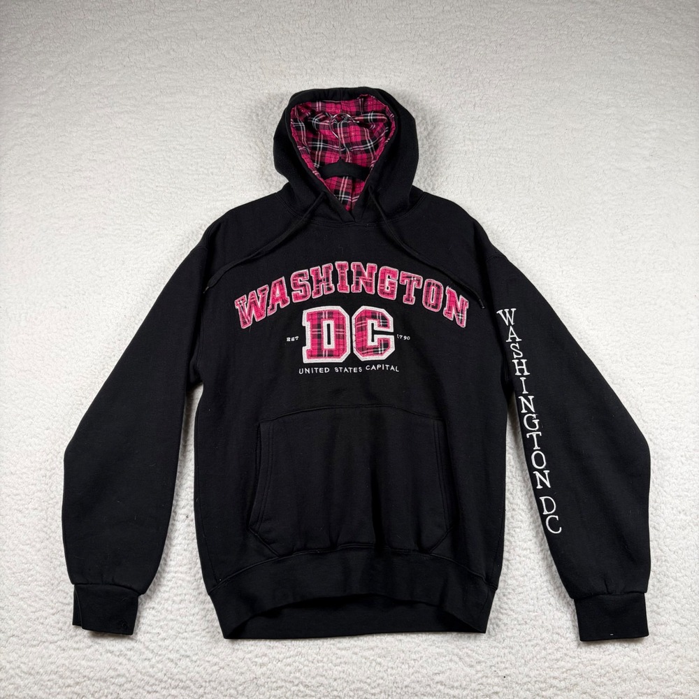 DC Washington DC Hoodie Womens Graphic Plaid Lined Pullover L Black Y2K Preppy